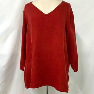 FLAX Rust Red 100% Linen V Neck Long Sleeve Lagenlook Tunic Top Large Minimalist